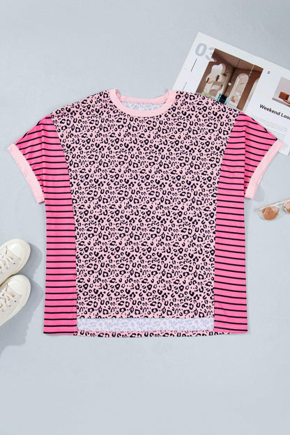 Pink Leopard Striped Contrast Patchwork Plus Size Tee