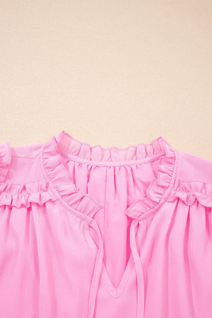 Bonbon Plus Size Textured Tassel Tie V Neck Ruffle Short Sleeve Blouse - Sweet Fashion Wholesale