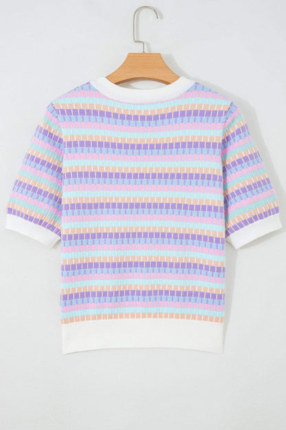 Orange Abstract Striped Knit Short Sleeve Sweater