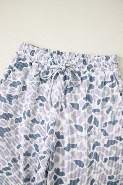 Beige Camouflage Print Twisted Rib Loose Tee Drawstring Pants Set