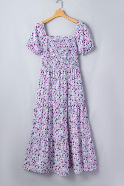 Purple Plus Size Floral Print Square Neck Smocked Maxi Dress