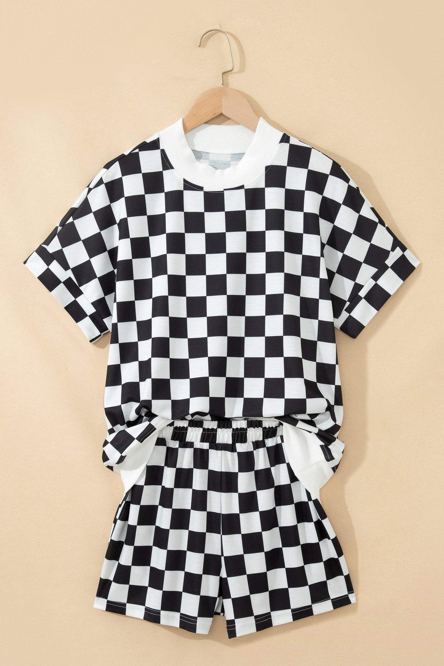 Black Checkered Print Color Block Trim Mock Neck Short Set