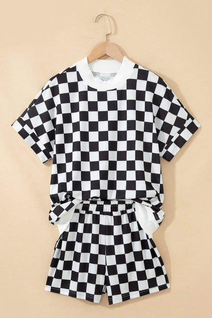 Black Checkered Print Color Block Trim Mock Neck Short Set