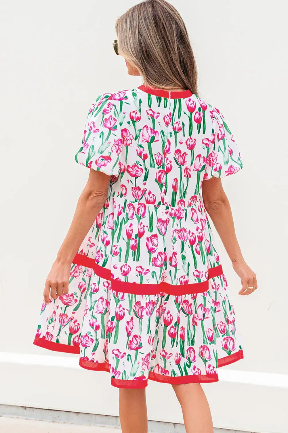 Pink Floral Print Contrast Trim V Neck Bubble Short Sleeve Babydoll Dress