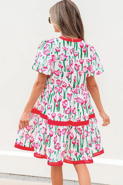 Pink Floral Print Contrast Trim V Neck Bubble Short Sleeve Babydoll Dress