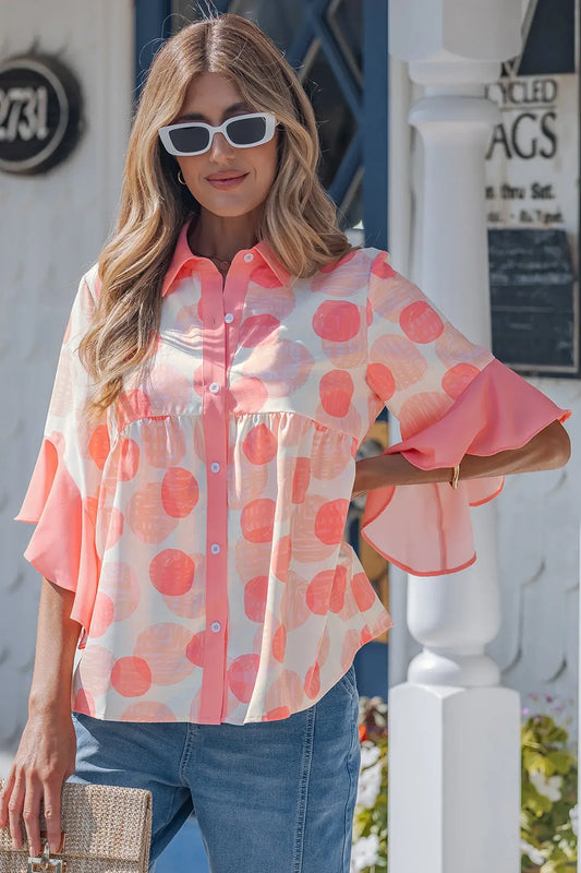 Pink Double Polka Dot Printed Ruffle Trim Short Sleeve Babydoll Shirt - Sweet Fashion Wholesale