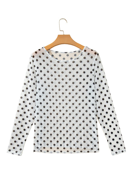 Black Polka Dot Sheer Mesh Long Sleeve Round Neck Shift Blouse