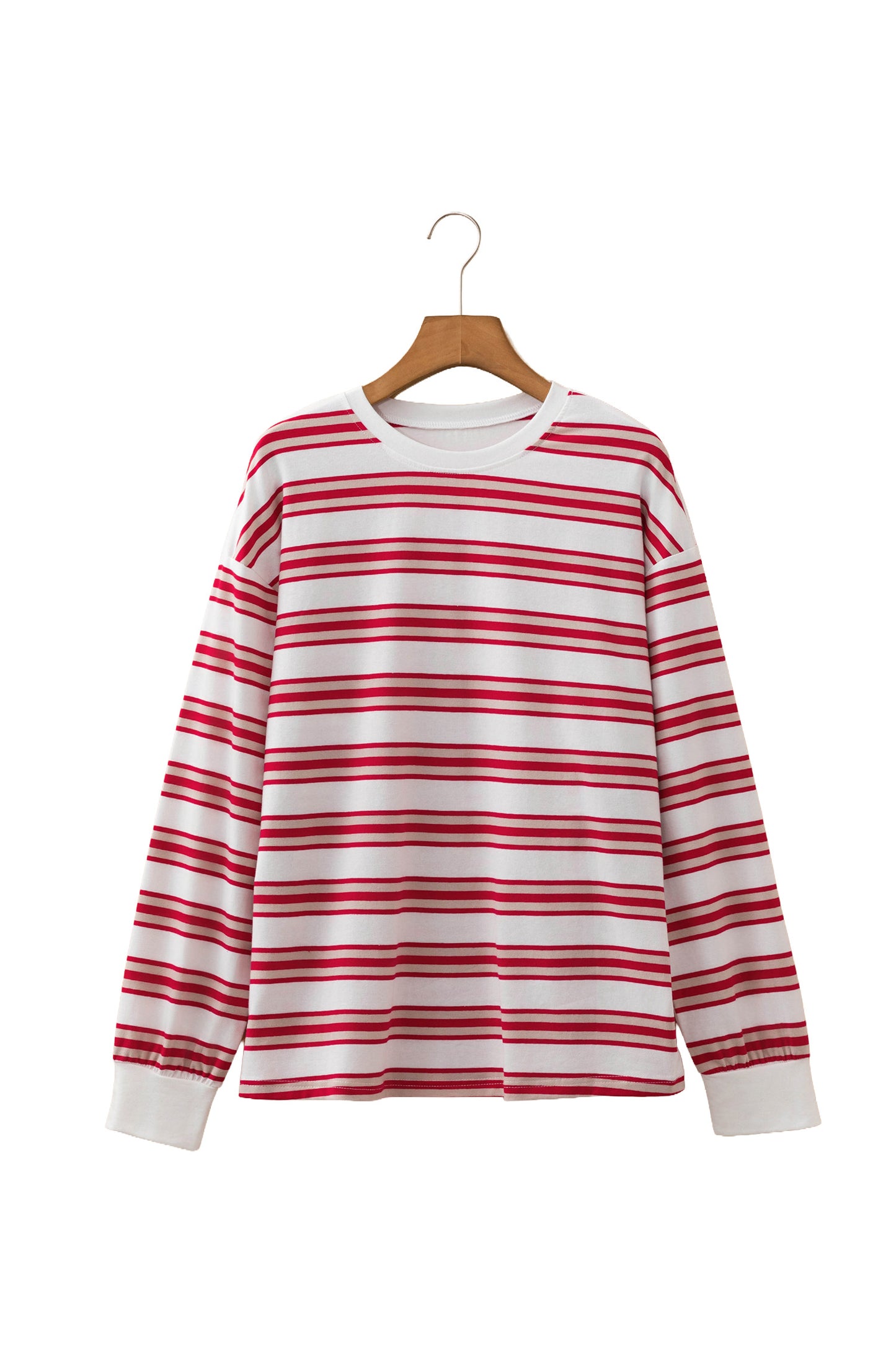 Red Stripe Dropped Shoulder Long Sleeve Casual Pullover Top