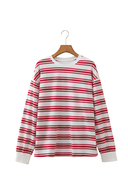 Red Stripe Dropped Shoulder Long Sleeve Casual Pullover Top