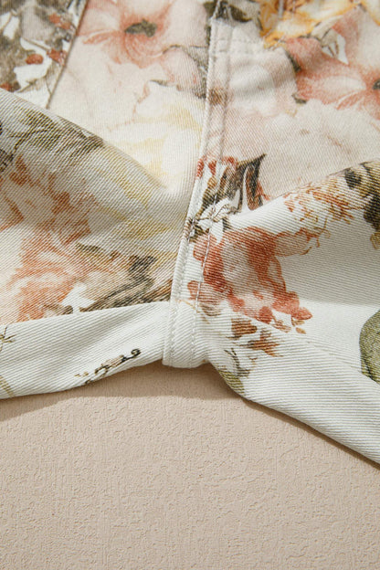 Beige Vintage Style Floral Print High Waist Wide Leg Jeans