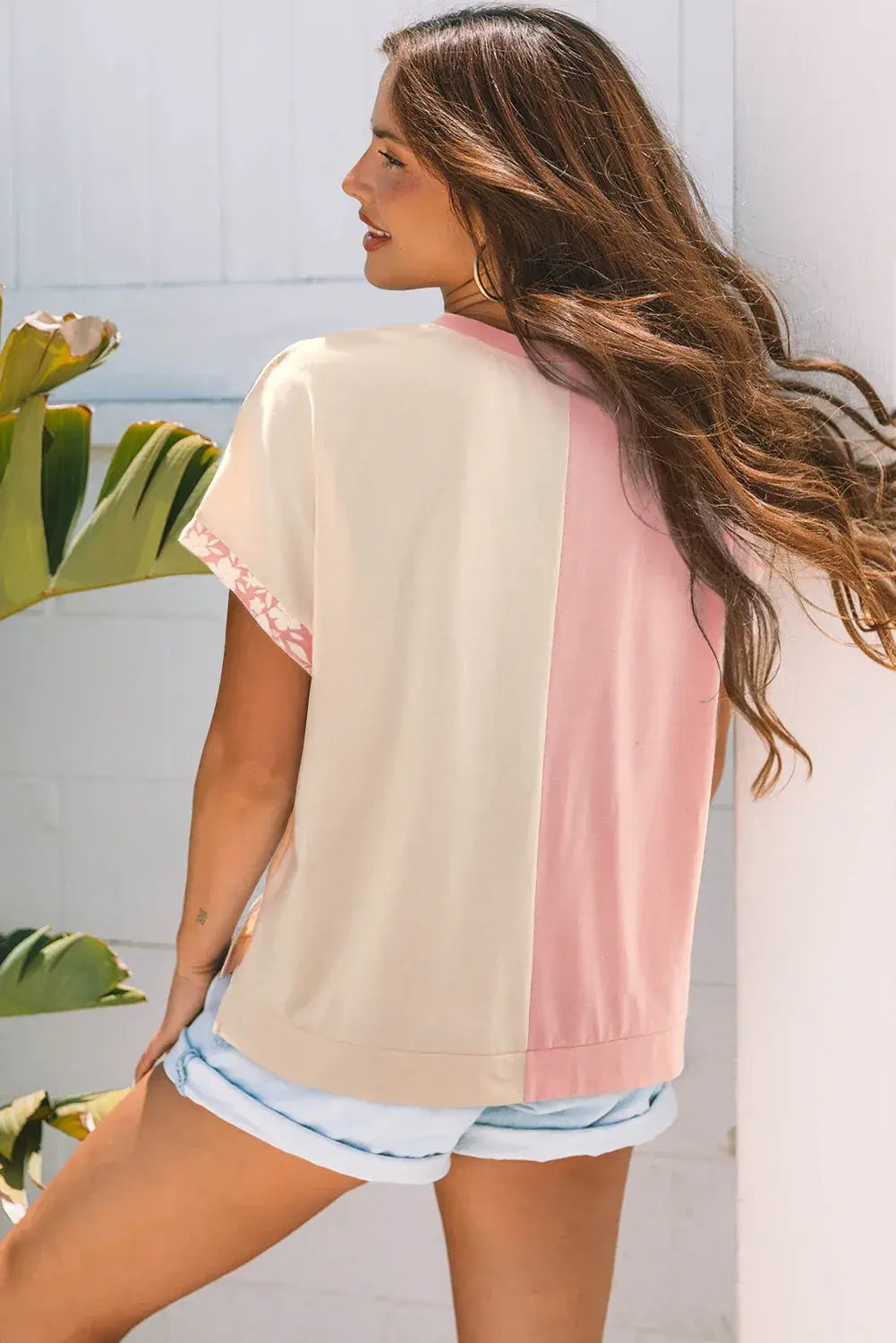 Apricot Color Block Flower Patched Loose T Shirt - Sweet Fashion Wholesale