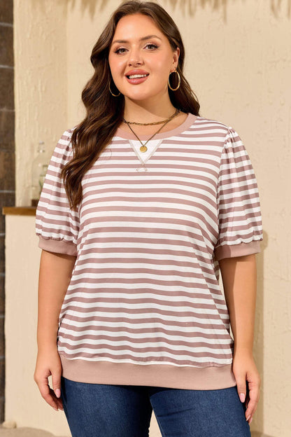 Orange Stripe Ribbed Trim Round Neck Short Puff Sleeve Plus T Shirt