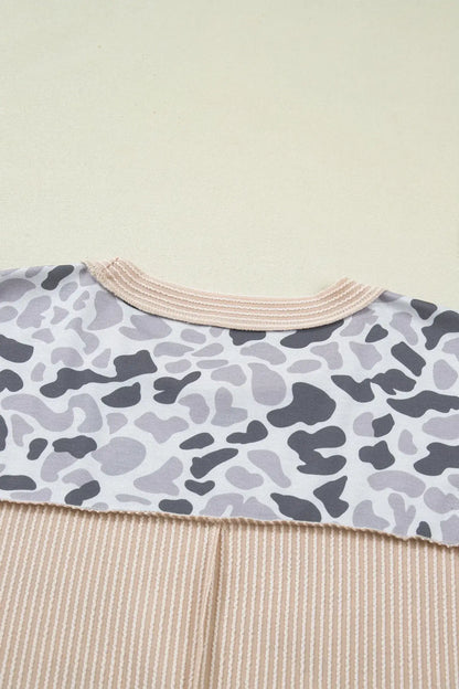 Gray Camouflage Print Twisted Ribbed Patchwork Casual T Shirt - Sweet Fashion Wholesale