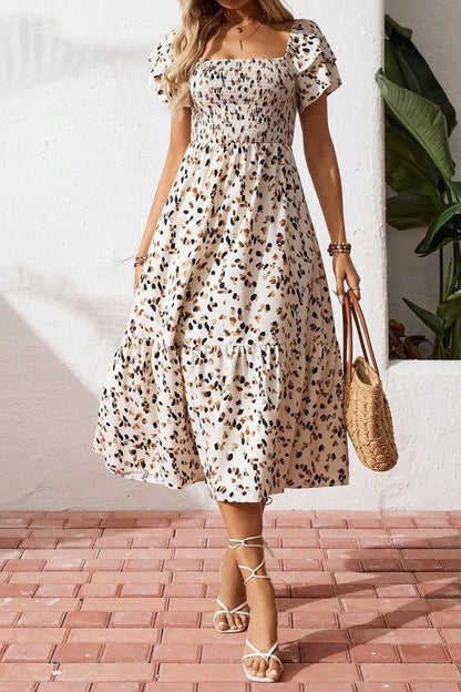 Beige Ditsy Floral Print Smocked Square Neck Ruffle Short Sleeve Dress - Sweet Fashion Wholesale