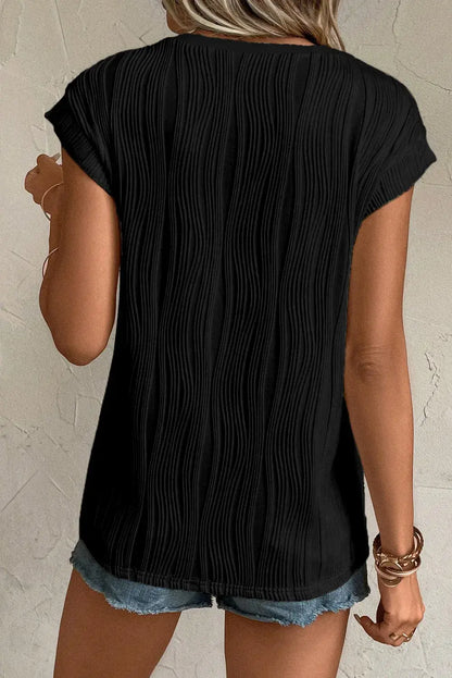Apricot Wavy Textured Button V Neck Tee - Sweet Fashion Wholesale