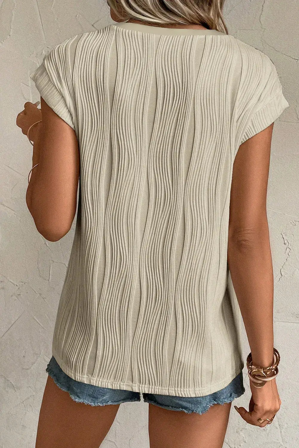 Apricot Wavy Textured Button V Neck Tee - Sweet Fashion Wholesale