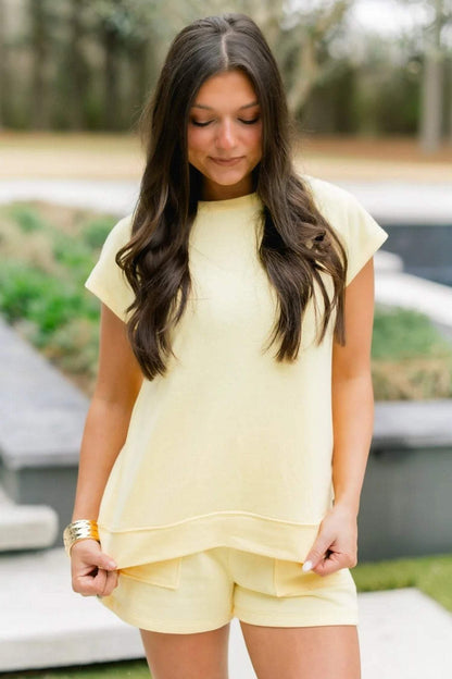 Yellow Cream Solid Color Tee Drawstring Shorts Comfy 2pcs Set