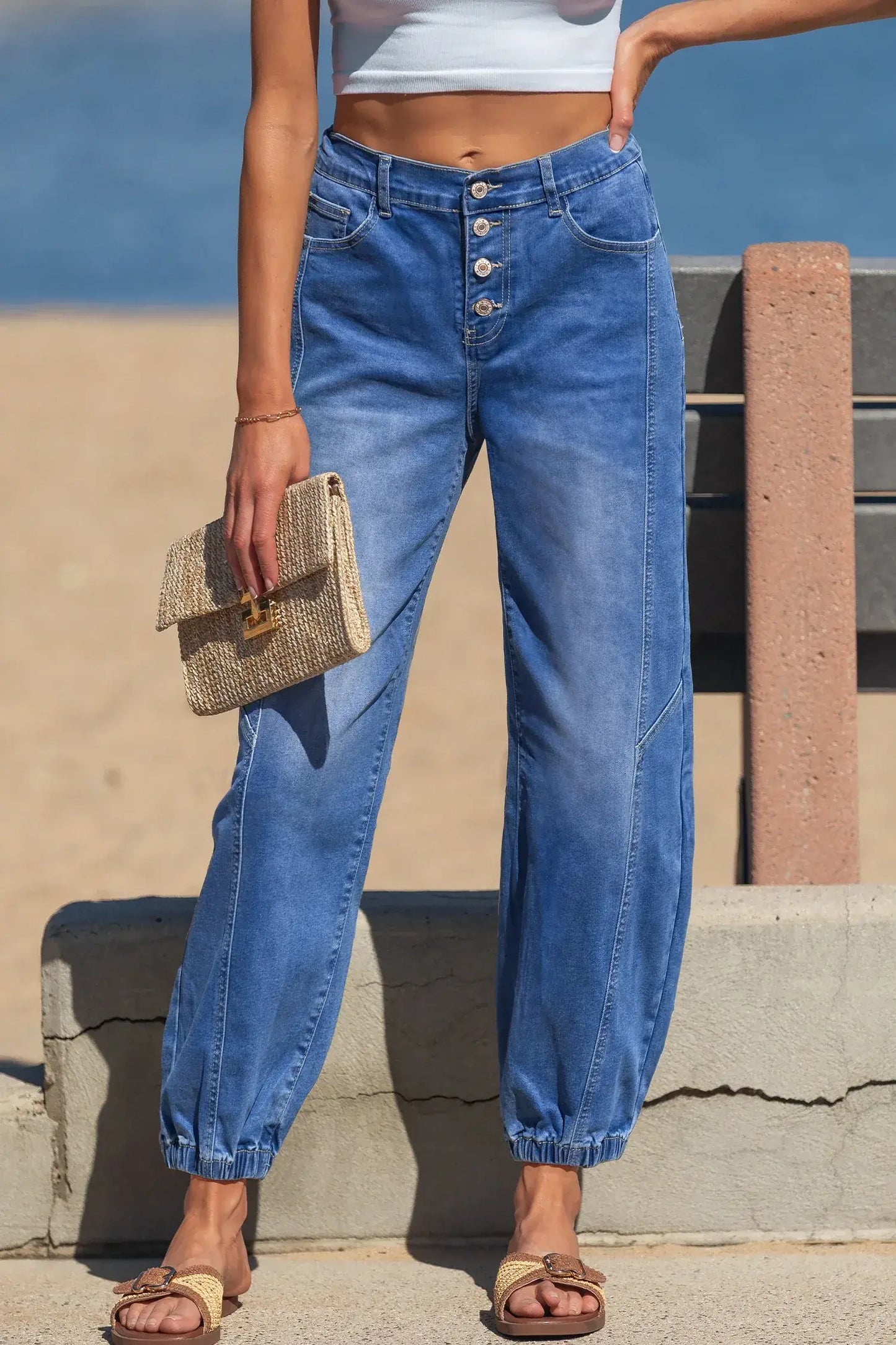 Blue 4 Buttons Front Tapered Casual Loose Fit Jeans - Sweet Fashion Wholesale