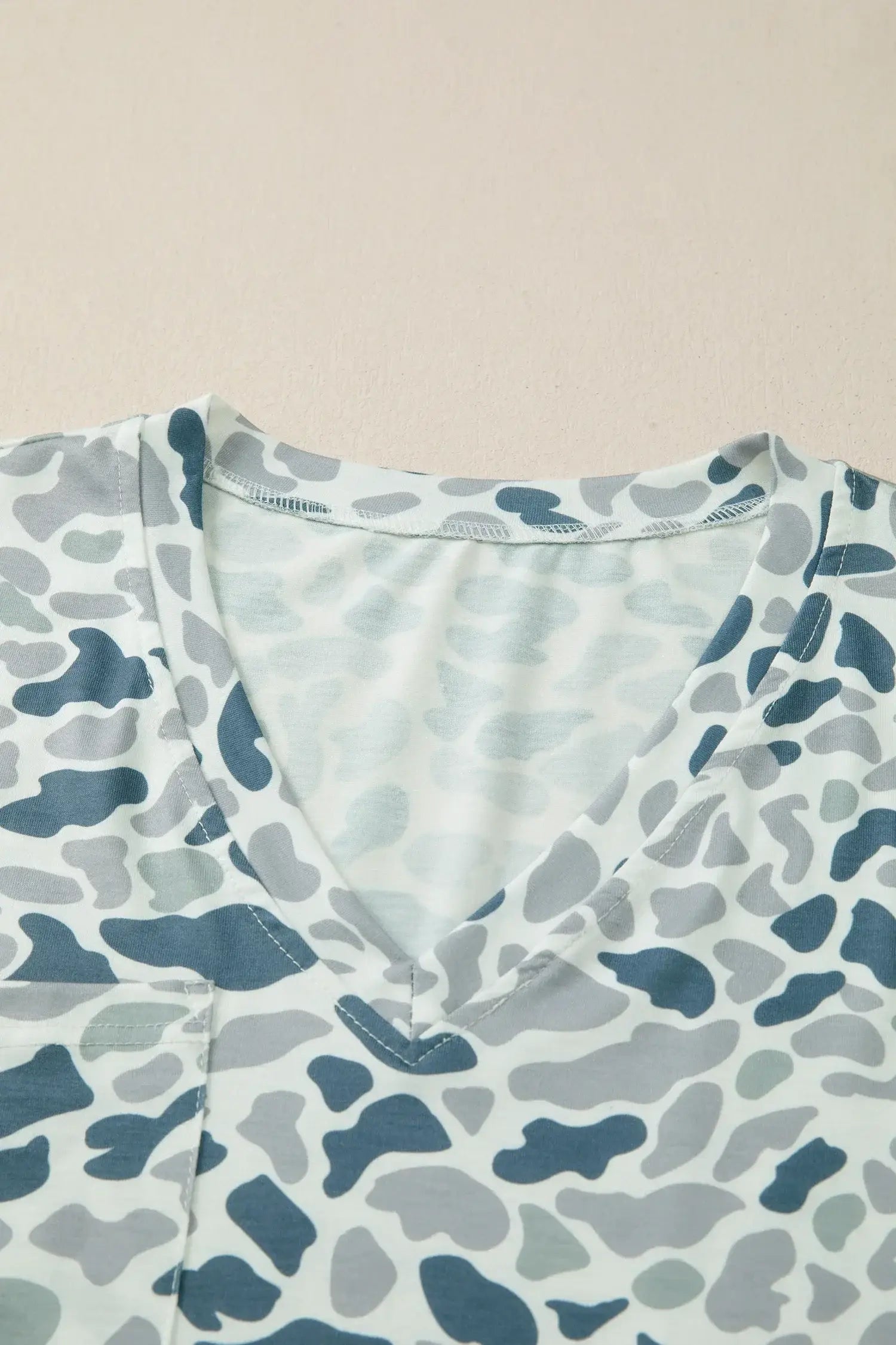 Gray Camouflage Print Single Chest Pocket V Neck Tee - Sweet Fashion Wholesale