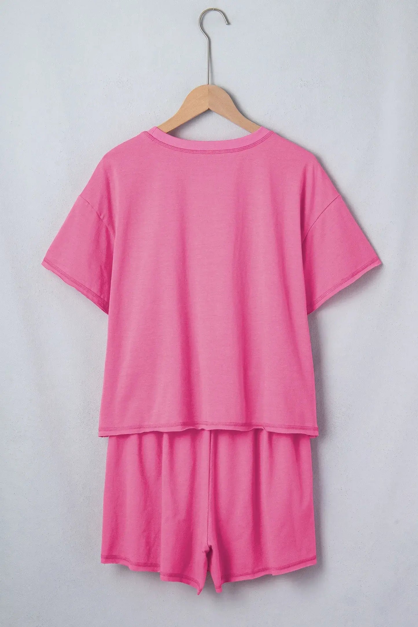 Bright Pink Seam Detail Raw Edge Tee Rainbow Waistband Casual Short Set - Sweet Fashion Wholesale