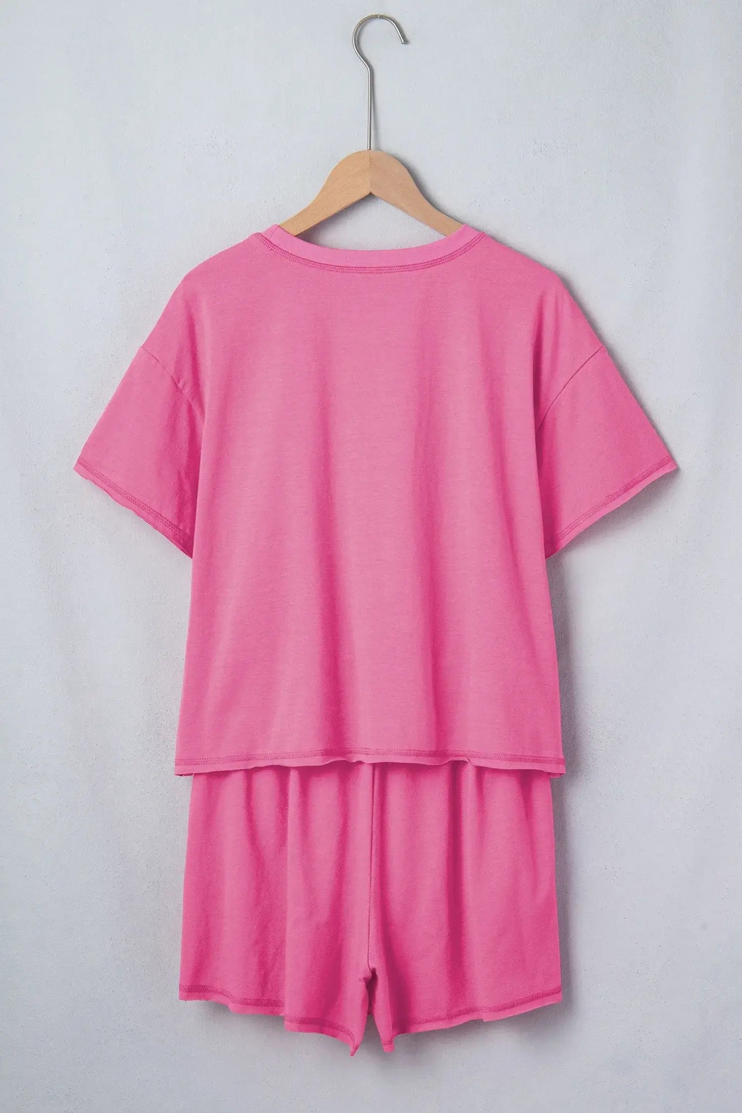Bright Pink Seam Detail Raw Edge Tee Rainbow Waistband Casual Short Set - Sweet Fashion Wholesale