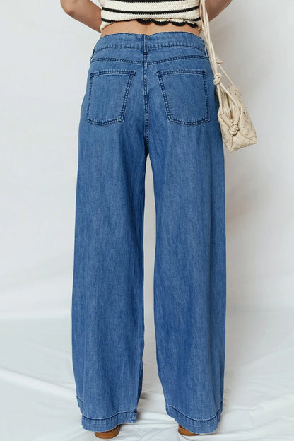 Dusk Blue Lace-up Pull on Wide Leg Jeans - Sweet Fashion Wholesale