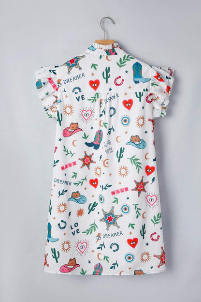 White Western Print Flutter Sleeve Button Down Mini Dress