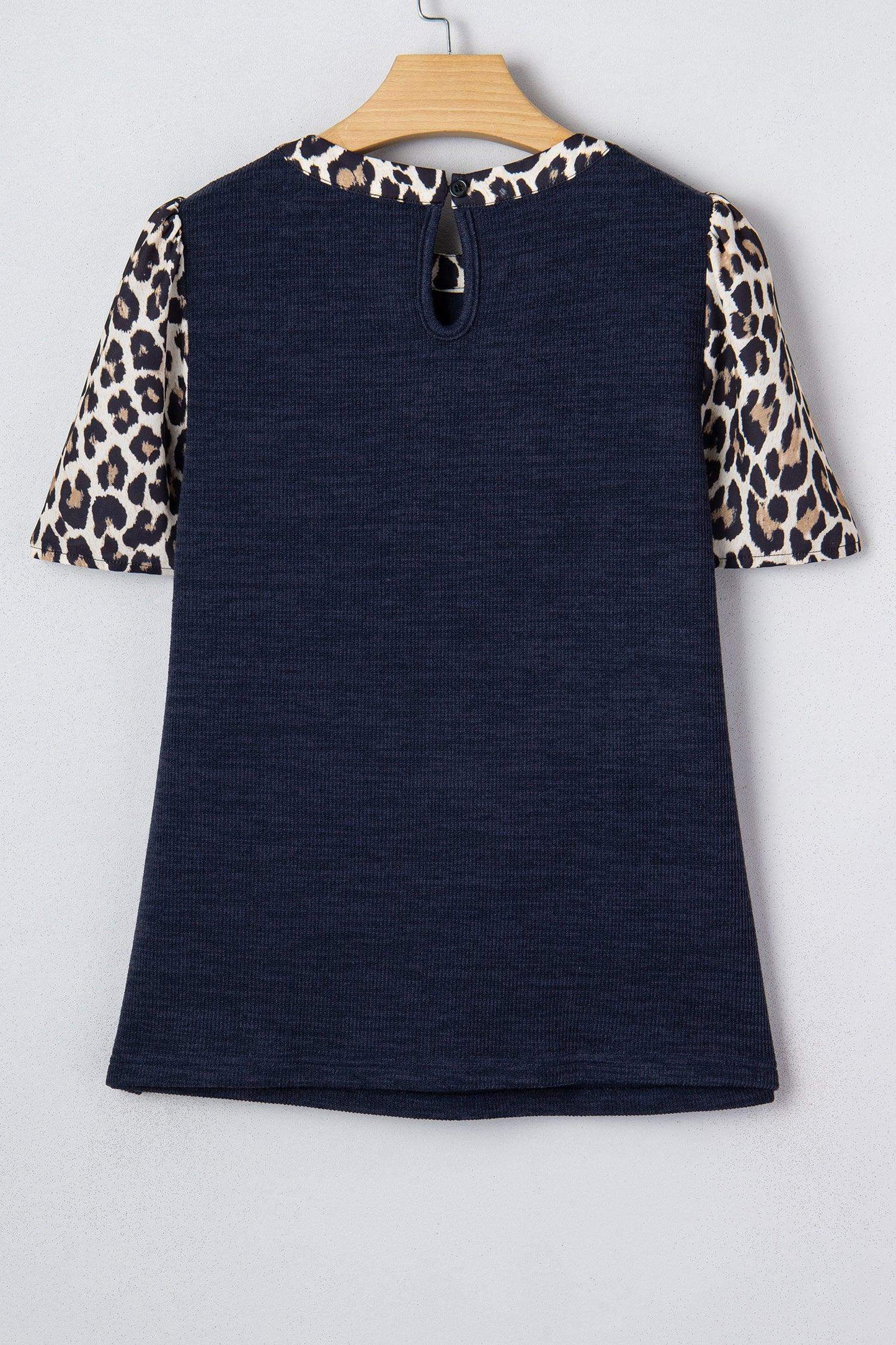 Navy Blue Ribbed Contrast Leopard Patchwork Short Sleeve Top - Sweet Fashion Wholesale