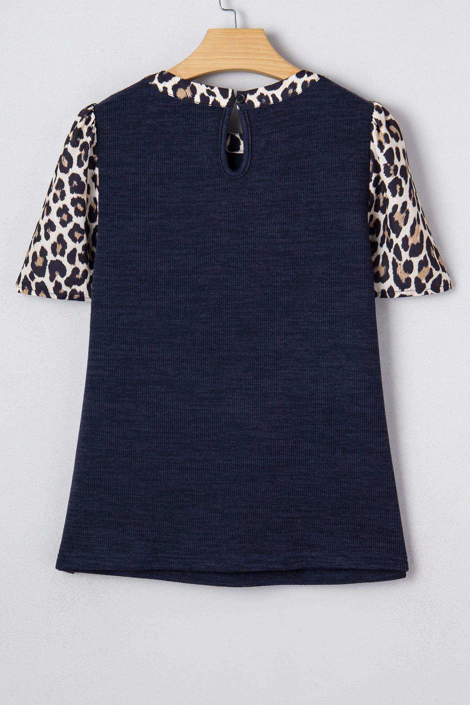 Navy Blue Ribbed Contrast Leopard Patchwork Short Sleeve Top - Sweet Fashion Wholesale
