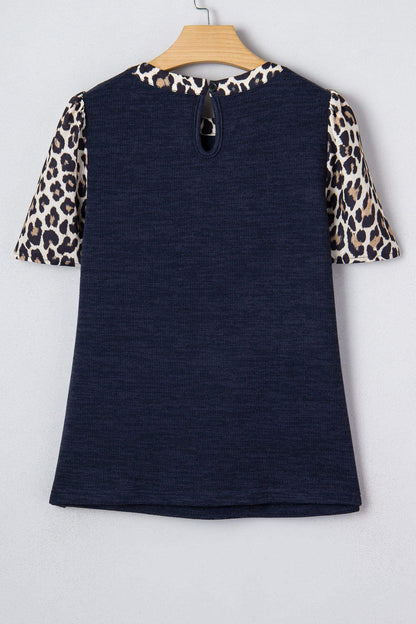 Navy Blue Ribbed Contrast Leopard Patchwork Short Sleeve Top - Sweet Fashion Wholesale
