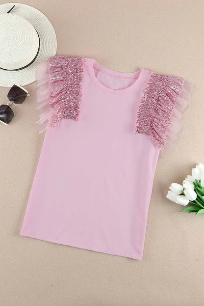 Pink Sequined Ruffle Mesh Sleeves Top