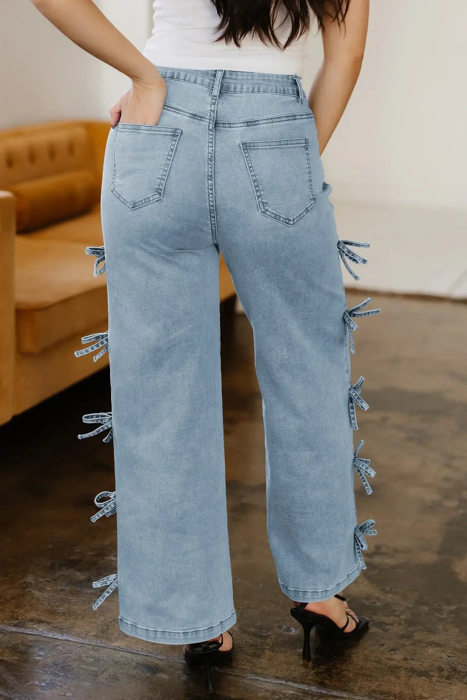 Beau Blue Bow Knot Side Detail Straight Leg Loose Jeans - Sweet Fashion Wholesale