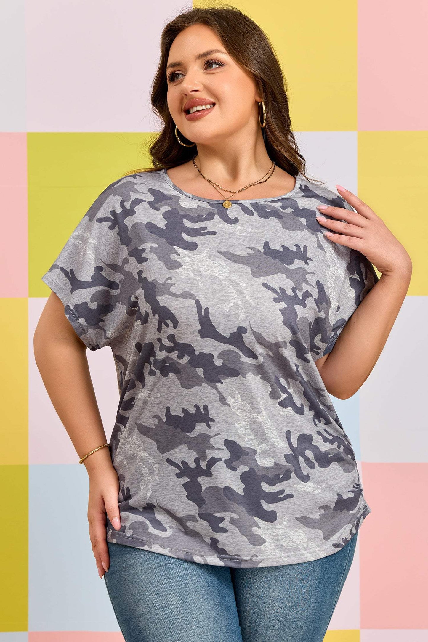 Gray Plus Size Camo Print Casual T Shirt