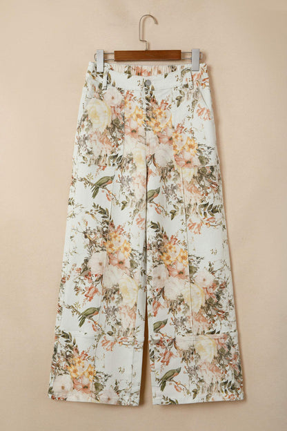 Beige Vintage Style Floral Print High Waist Wide Leg Jeans
