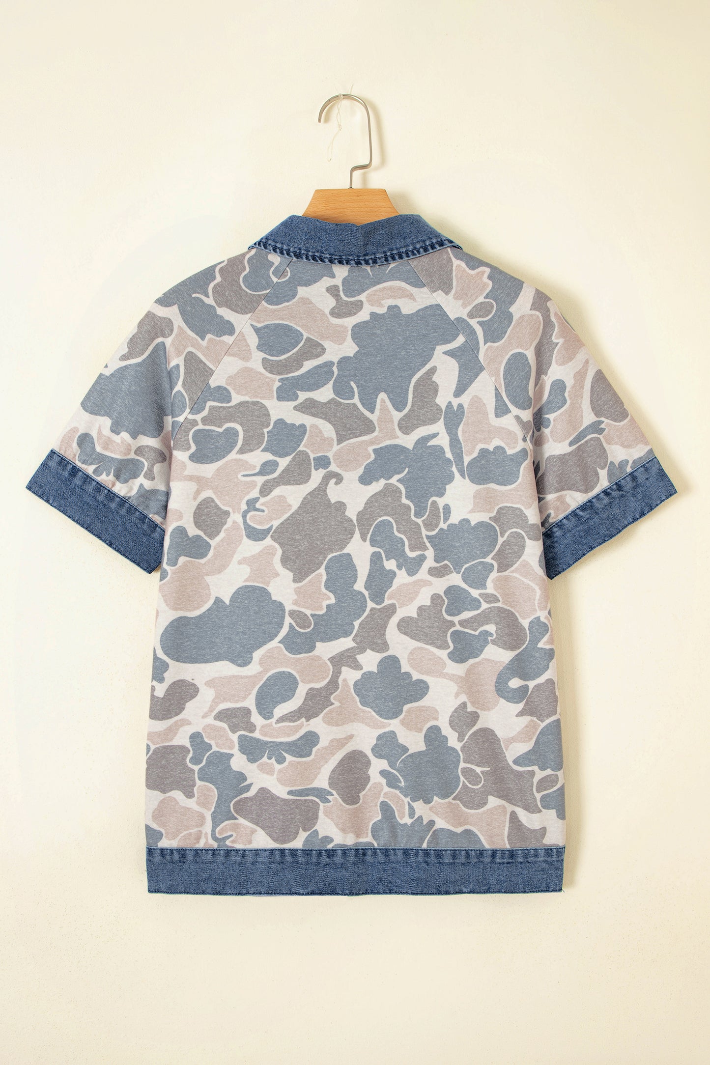 Multicolour Camouflage Print Denim Patchwork Polo Collar Tee