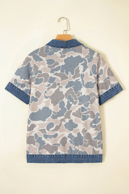 Multicolour Camouflage Print Denim Patchwork Polo Collar Tee