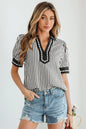Black Stripe Collared Split Neck Short Bubble Sleeve Blouse - Sweet Fashion Wholesale