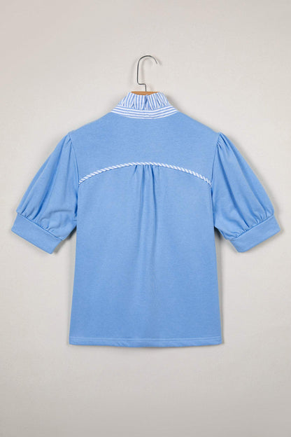 Sky Blue Striped Frilled Collar Short Sleeve Blouse