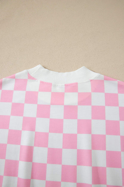 Black Checkered Print Color Block Trim Mock Neck Short Set