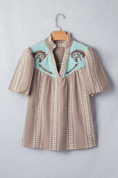 Red Western Pony Embroidered Yoke Puff Sleeve Gingham Blouse