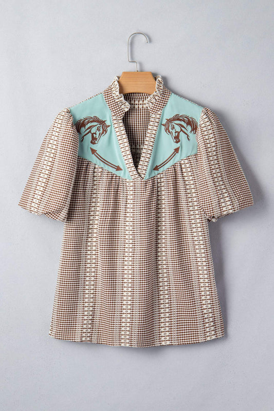 Red Western Pony Embroidered Yoke Puff Sleeve Gingham Blouse