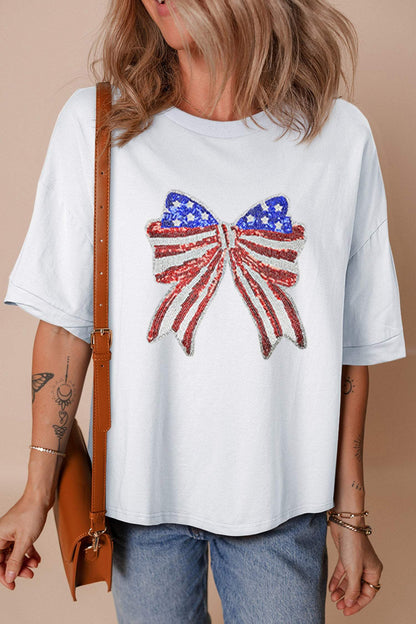 White Patriotic Sequin Bow Graphic Oversized Tee