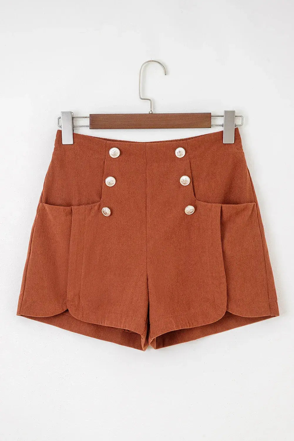 Clay Button Decor Scalloped Edge High Waist Corduroy Shorts