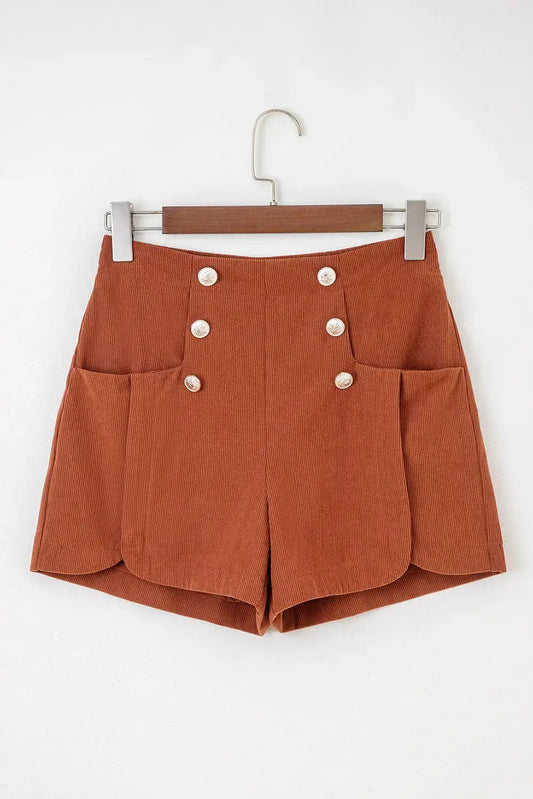 Clay Button Decor Scalloped Edge High Waist Corduroy Shorts