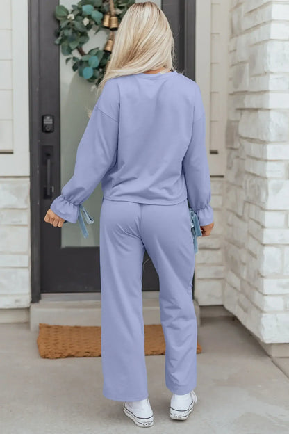 Beau Blue Flounce Long Sleeve Top Drawstring Pants Contrast Velvet Bow Knot 2pcs Lounge Set - Sweet Fashion Wholesale