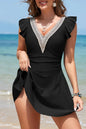 Mist Green Ruffled Short Sleeve Lace Trim V Neck One Piece Swim Dress - Sweet Fashion Wholesale