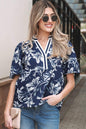 Blue Floral Print Short Puff Sleeve Striped Trim V Neck Blouse - Sweet Fashion Wholesale