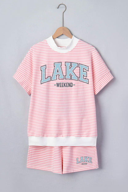 Pink Stripe Contrast Trim High Neck Short Sleeve LAKE WEEKEND 2pcs Short Set