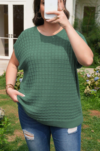 Mist Green Plus Size Solid Color Textured Knit Short Sleeve Sweater - Sweet Fashion Wholesale