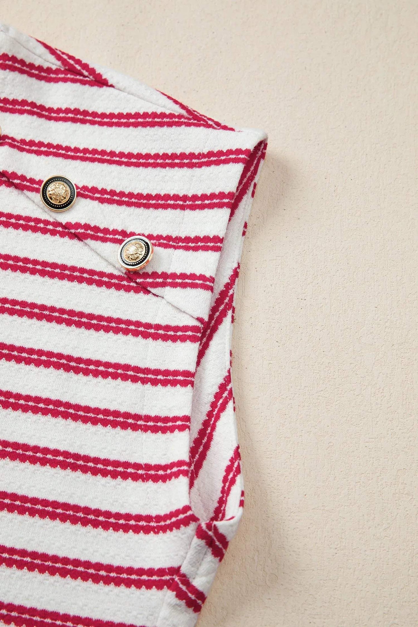 Red Stripe Textured Knit Button Detail Short Sleeve Casual Tee - Sweet Fashion Wholesale